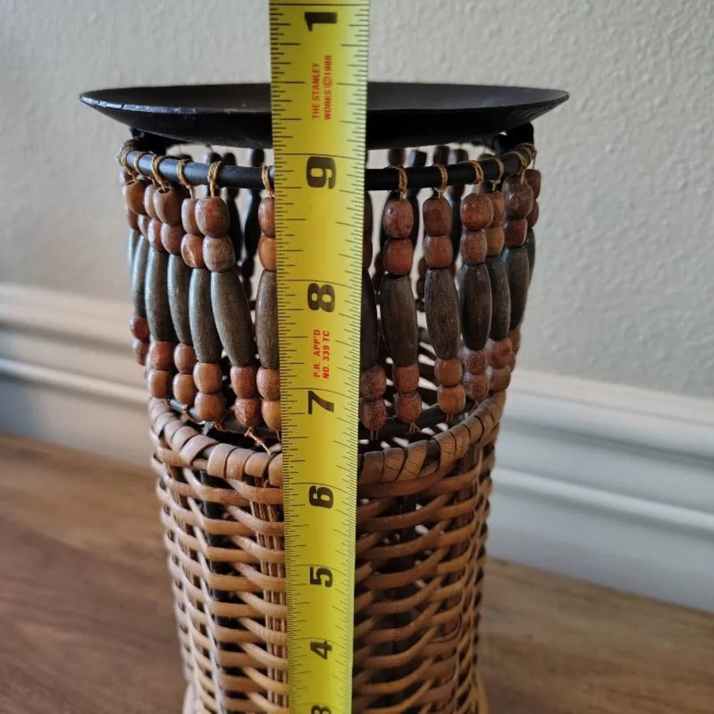 Vtg Wicker Rattan Beaded Candle Holder Metal Frame Boho Home Decor 9”